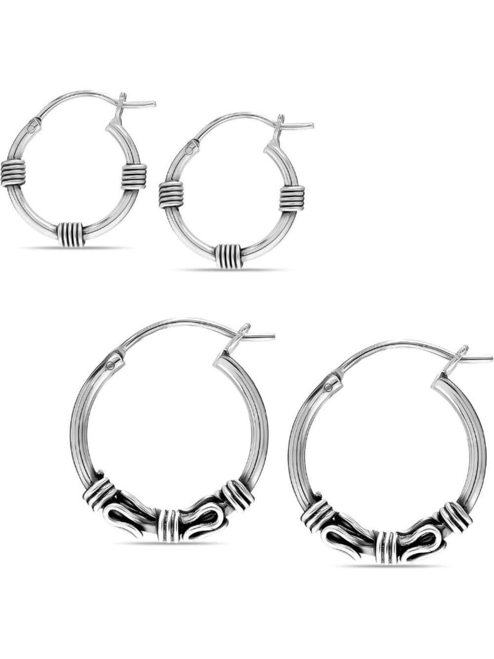 Set of 2 Sterling Silver Hoop Earrings for Women | Textured Diamond-Cut Hoops